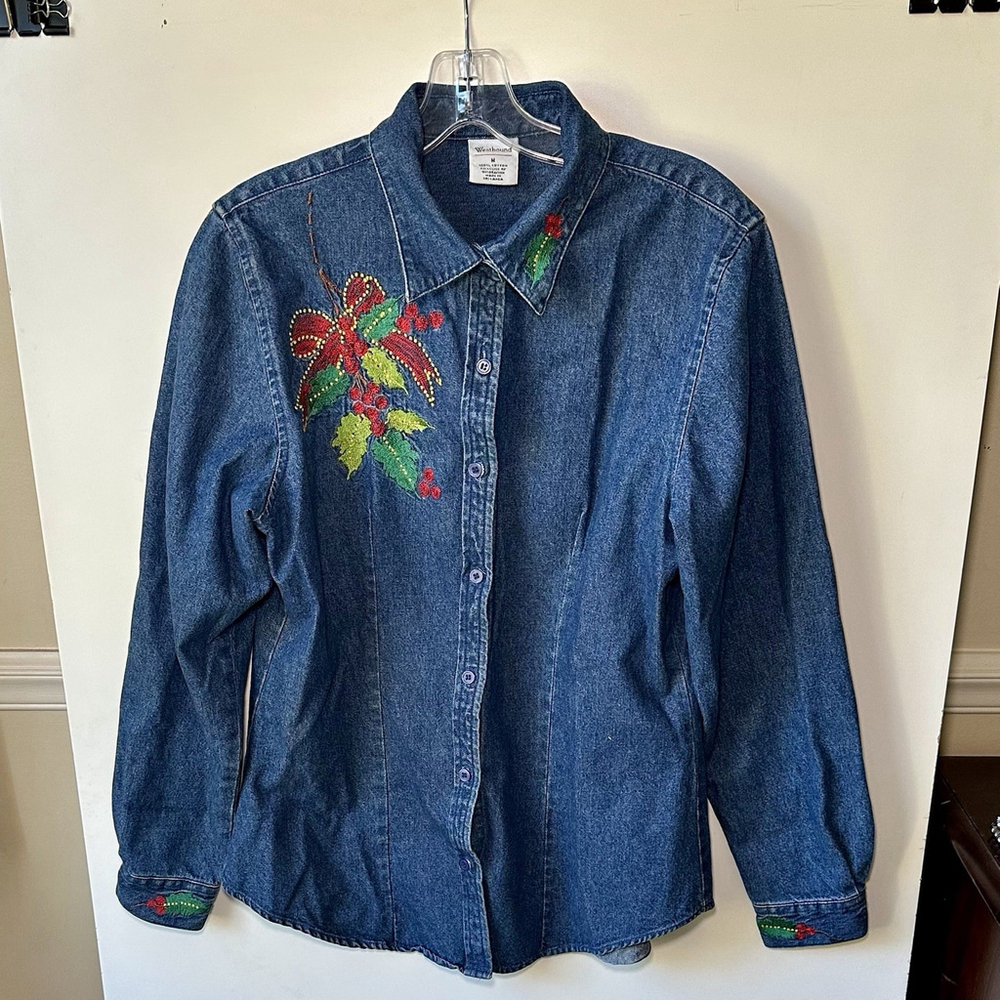Vintage 90s Westbound Christmas Denim Shirt Embroidered Holiday Button Up Medium